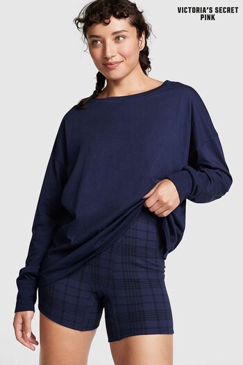 Victoria's Secret PINK Midnight Navy Blue Plaid Long Sleeve T-Shirt and Sleep Boxer Short Set (K49780) | £40