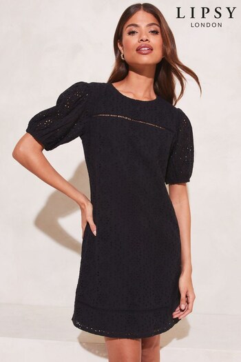 Lipsy Black Broderie Puff Sleeve Shift Dress (K49862) | £48