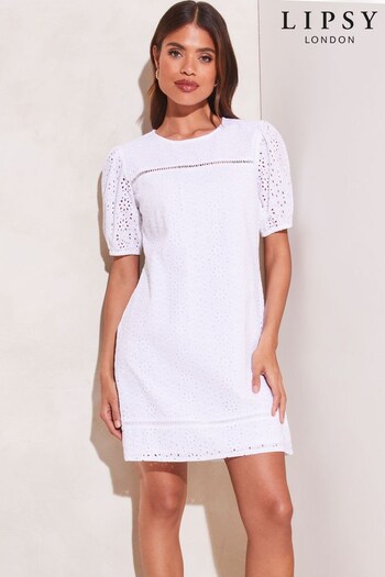 Lipsy White Petite Broderie Puff Sleeve Shift Dress (K49863) | £46