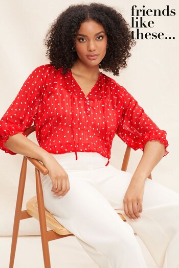 Friends Like These Red Printed 3/4 Sleeve Tie Neck Blouse Top (K49992) | £33