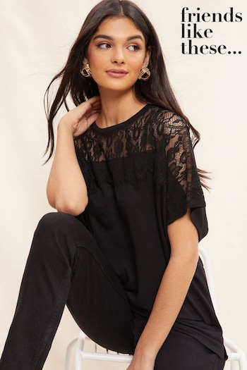 Sequins & Sparkles Black Lace Short Sleeve V Neck Tunic Top (K49994) | £25