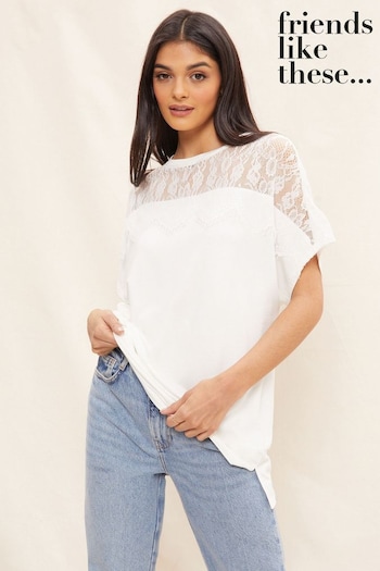 Friends Like These White Lace Short Sleeve V Neck Tunic Top (K49995) | £25
