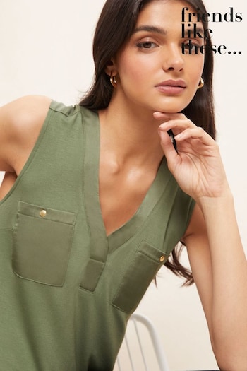 All Womens New In Khaki Green Satin Mix V Neck Pocket Sleeveless Tunic (K50008) | £25