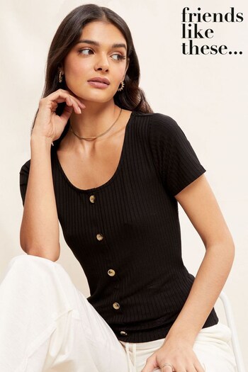 Friends Like These Black Short Sleeve Scoop Neck Ribbed Button Top (K50011) | £22