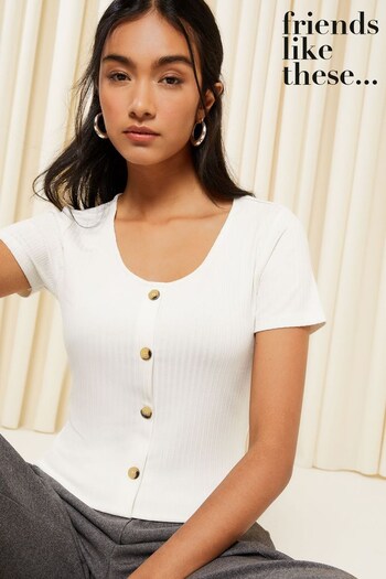 Friends Like These White Short Sleeve Scoop Neck Ribbed Button Top (K50012) | £22