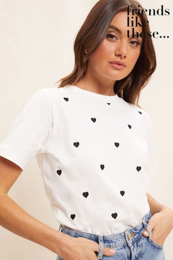 shirt gucci x tnf White Round Neck Heart Embroidered T-Shirt (K50026) | £22