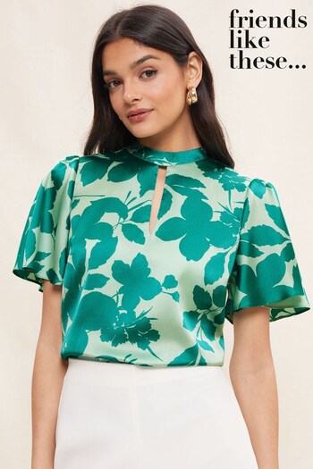 Friends Like These Green Printed Flutter Sleeve Keyhole Blouse (K50037) | £29