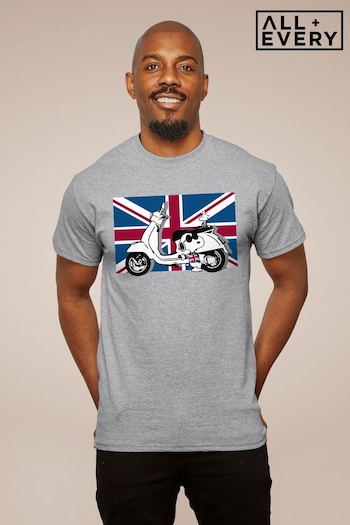 All + Every Heather Grey Peanuts Union Jack Scooter Snoopy Men's T-Shirt (K50301) | £23