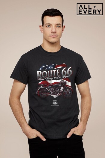 All + Every Black Route 66 US Flag & Motorcycle Men's T-Shirt (K50309) | £23