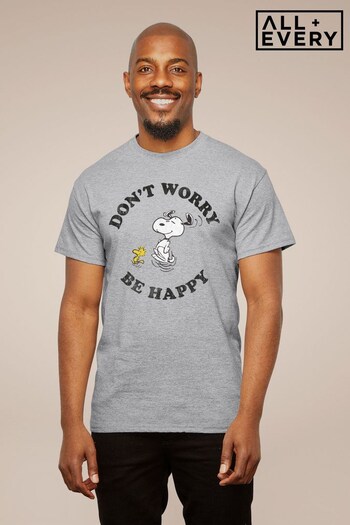 All + Every Heather Grey Peanuts Snoopy And Woodstock Running Dont Worry Be Happy Men's T-Shirt (K50333) | £22