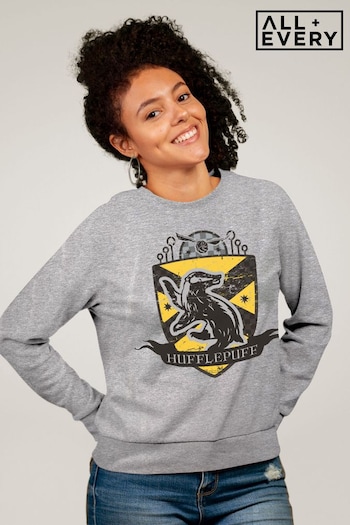 All + Every Heather Grey Harry Potter Hufflepuff Quidditch Distressed Shield Women's Sweatshirt (K50380) | £36