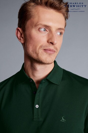 Charles Tyrwhitt Dark Green Solid Short Sleeve Cotton Tyrwhitt Pique Polo Shirt (K50484) | £55