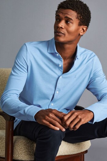 Charles Tyrwhitt Blue Pique Long Sleeve Jersey Shirt (K50491) | £65