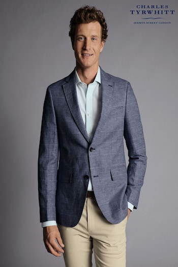 Charles Tyrwhitt Cobalt Blue Check Slim Fit Linen Cotton Blend Jacket (K50650) | £200