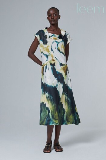 leem Green Water Marble Print Cowl Neck Midi Dress frwd (K50871) | £97