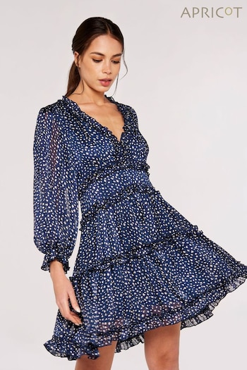 Apricot Navy Blue Textured Dot Ruffle Dress (K50919) | £39