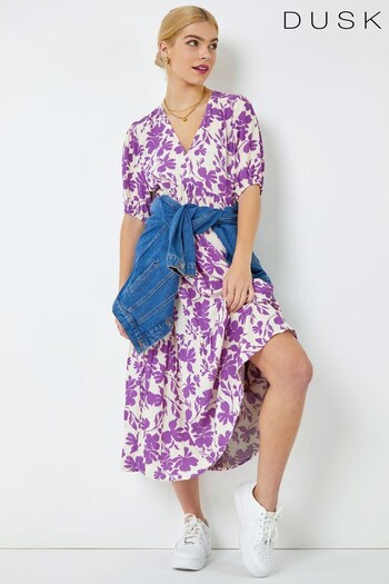 Dusk Purple & White Floral Tiered Midi Smock Dress (K51078) | £50