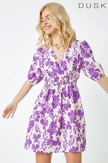 Dusk Purple & White Floral Shirred Waist Mini Dress (K51080) | £40