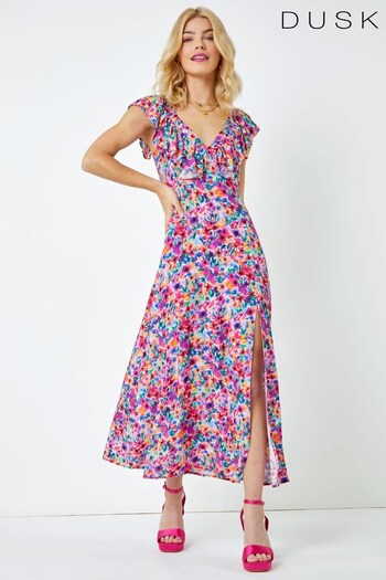 Dusk Pink Multi Floral Ruffle Detail Midi Dress (K51083) | £55
