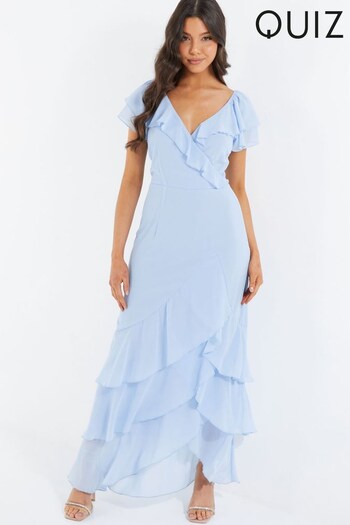 Quiz Light Blue Chiffon Frill Maxi Dress (K51116) | £50