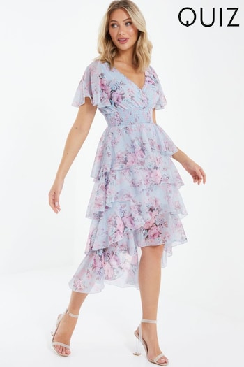 Quiz Blue & Pink Chiffon Glitter Wrap Tiered Dip Hem Dress (K51123) | £80