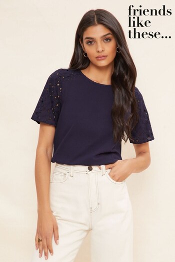 costume national contemporary logo-print detail T-shirt Navy Blue Flutter Sleeve Broderie T-Shirt (K51190) | £28