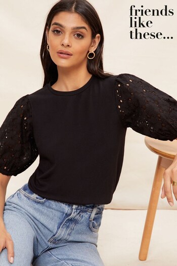 Furniture Recycling Services Black Broderie Puff Sleeve Round Neck Top (K51197) | £25