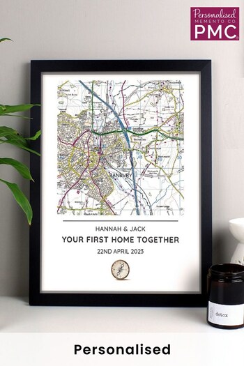 Personalised Present Day Map Compass Black Framed Print by PMC (K51494) | £22