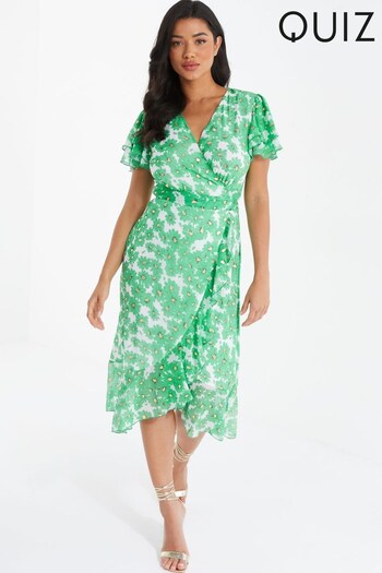 Quiz Green & White Chiffon Floral Wrap Midi Dress (K51508) | £48