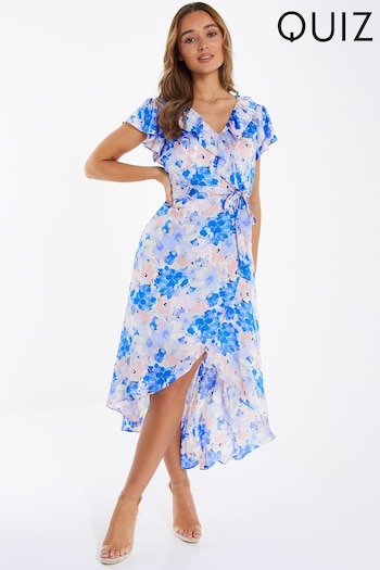 Quiz Blue & Pink Satin Floral Wrap Frill Midaxi Dress (K51510) | £48