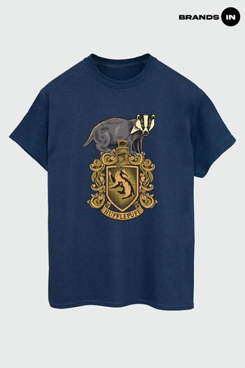 Brands In NAVY Harry Potter Hufflepuff Sketch Crest Women Navy Boyfriend Fit T-Shirt by Brands In (K51540) | £23