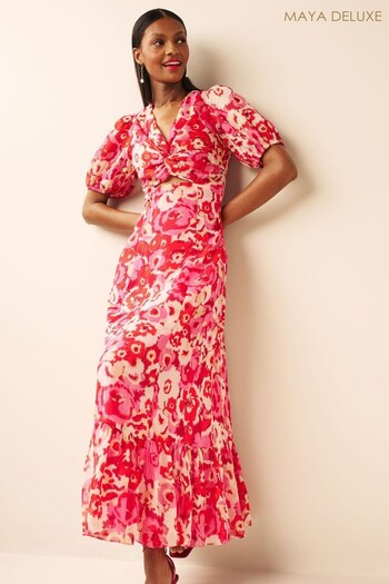 Maya Pink Twist Front Puff Sleeve Midaxi Dress (K51571) | £95