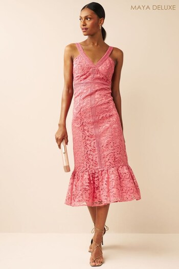 Maya Pink V Neck Fitted Lace Midi Dress (K51573) | £110