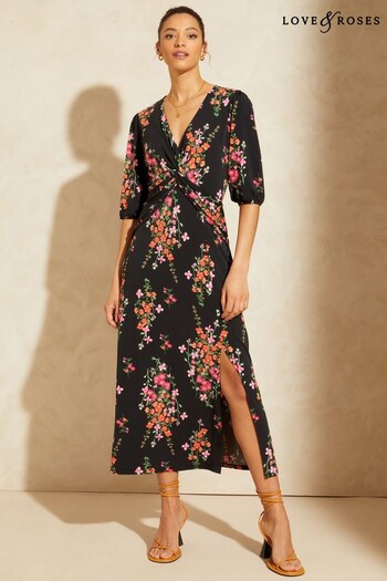 Love & Roses Black Floral Jersey V Neck Twist Front Midi Dress (K52172) | £48