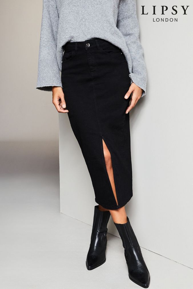 Black denim skirt mid length 2025