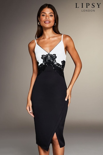 Lipsy Black/White Petite Lace Sequin Applique Bodycon Dress (K52546) | £80