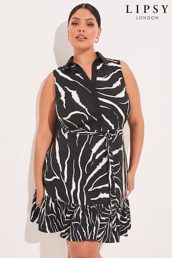 Lipsy Black/White Animal Curve Sleeveless Tiered Belted Shirt Dress (K52592) | £28