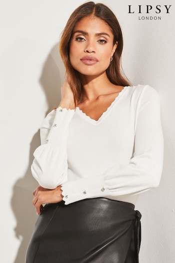 Lipsy Ivory White V Neck Scallop Detail Button Sleeve Jumper (K52629) | £28