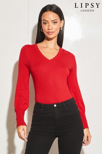 Lipsy Red V Neck Scallop Detail Button Sleeve Jumper (K52631) | £28