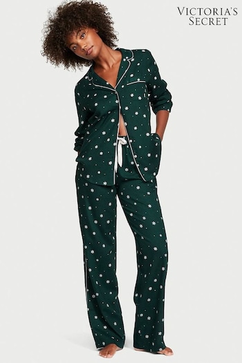 Victoria's Secret Black Ivy Green Snowflake Flannel Long Pyjamas (K52650) | £49