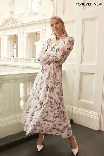 Forever New White & Pink Juliette Trim Detail Midi Dress (K52856) | £130
