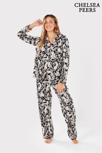 Chelsea Peers Black Jungle Leopard Print Organic Cotton Button Up Long Pyjama Set (K52946) | £48
