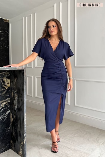 Girl In Mind Navy Blue Priscilla Wrap Over Ruched Detail Midi Dress (K53104) | £45
