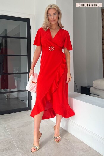 Girl In Mind Red Coral Quinn Wrap Detail Midi Dress (K53110) | £44