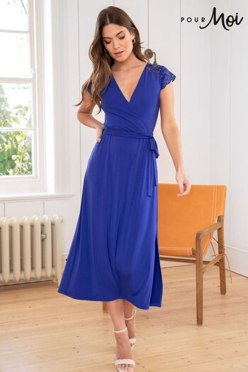 Pour Moi Cobalt Blue Julie Slinky Recycled Jersey Lace Trim Midi Dress (K53537) | £49