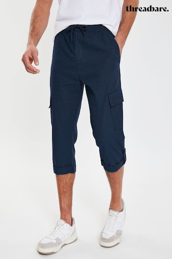 Threadbare Blue 3/4 Length Linen Blend Pull On Cargo Trousers (K53591) | £28