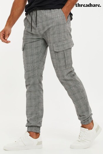 Threadbare Grey Cotton Check Cuffed Cargo Trousers With Stretch (K53596) | £38