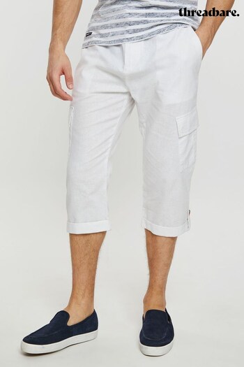 Threadbare White 3/4 Length Linen Blend Pull On Cargo Trousers (K53604) | £28