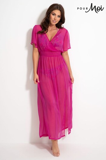 Pour Moi Fuchsia Pink Short Sleeve Chiffon Wrap Maxi Kaftan (K53625) | £42