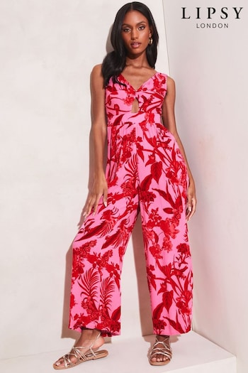 Lipsy Pink Printed Sleeveless Knotted V Neck Wide Leg Jumpsuit (K53637) | £45